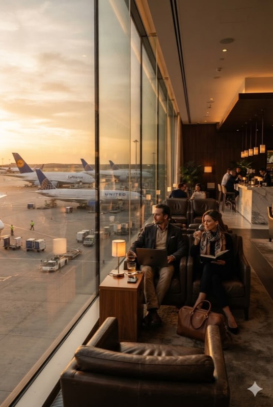 Members in an airport lounge at sunset