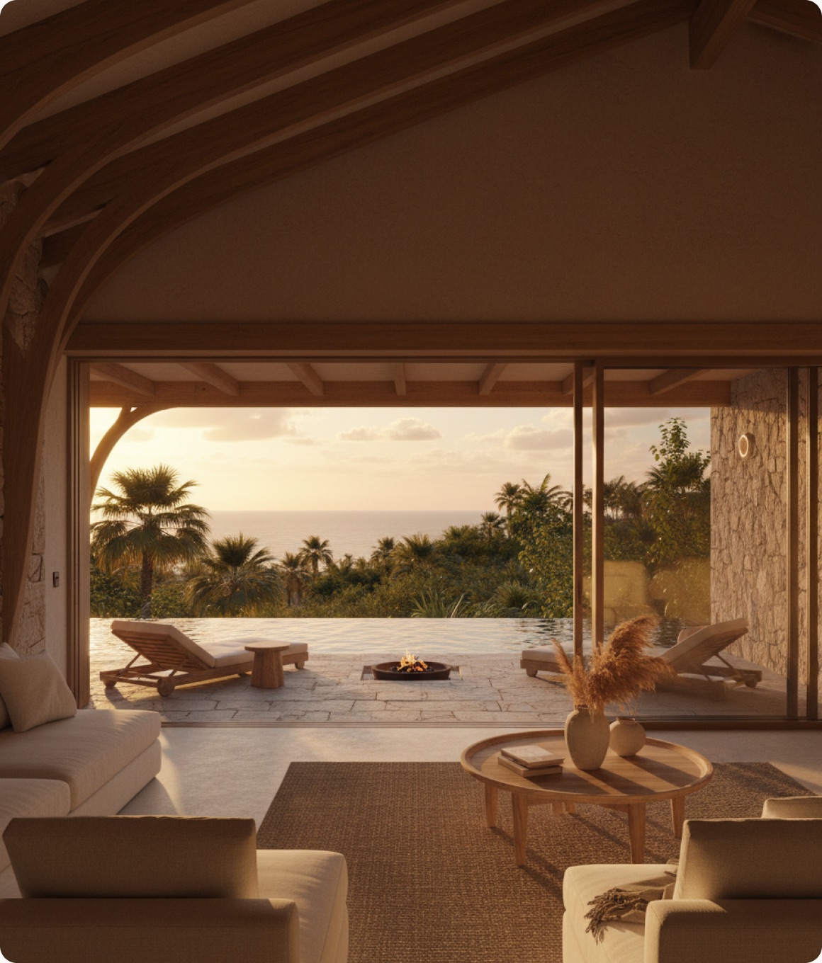 A villa terrace opening onto a pool and ocean at sunset