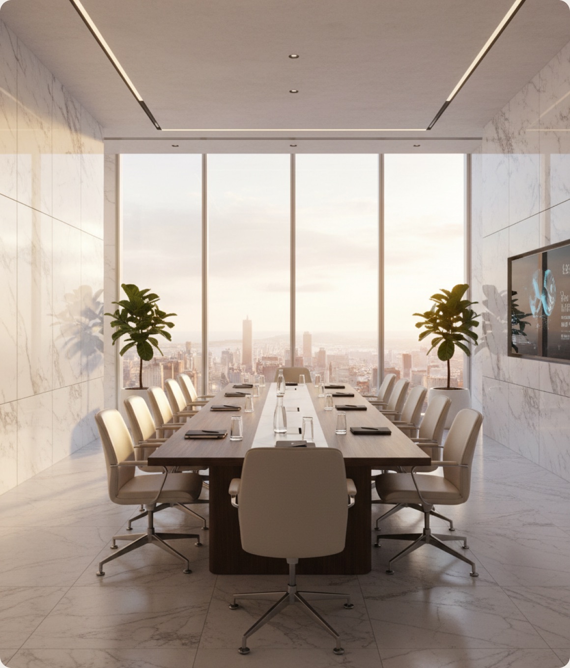 A corporate boardroom overlooking a city skyline